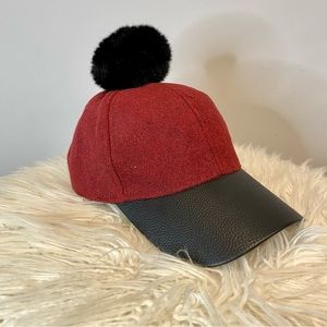 Faux Leather Bill & Fur Pom Pom Baseball Cap